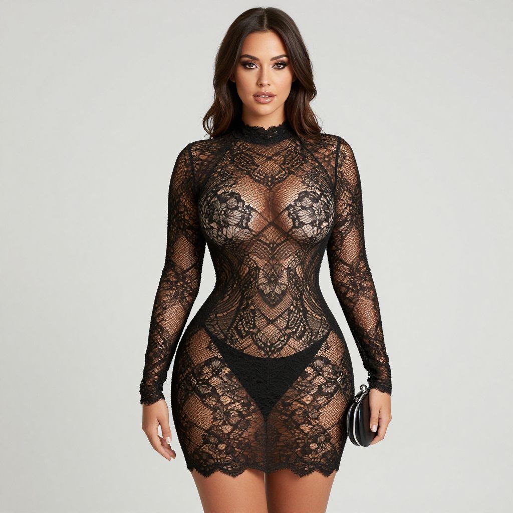 Woman in Black Lace Dress Holding Clutch Fashion Portrait