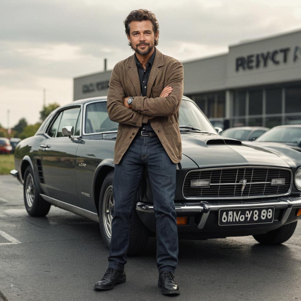 Man in Leather Jacket by Vintage Car