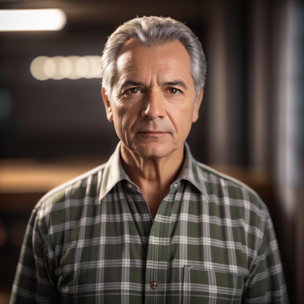 Poised Man with Silver Hair in Checkered Shirt