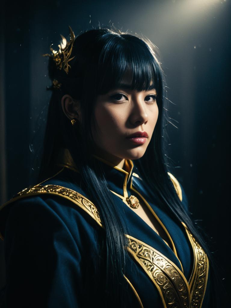 Realistic Nejire Hado Cosplay Woman with Intricate Gold Costume