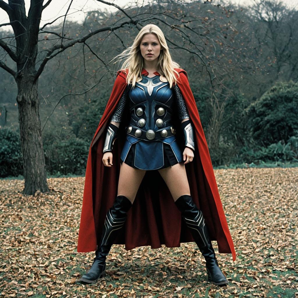 Woman in Realistic Thor Jane Costume with Blonde Hair and Red Cape