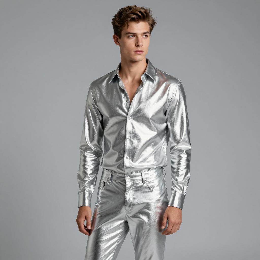 Young Man Wearing Metallic Silver Shirt and Pants Fashion Outfit