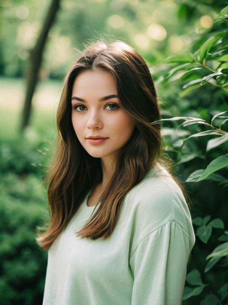 Portrait of Young Woman in Natural Greenery with Soft Lighting