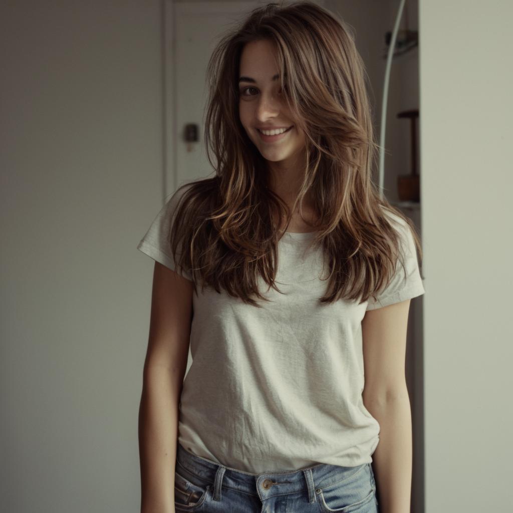 Natural Portrait of Smiling Woman in White T-shirt and Jeans