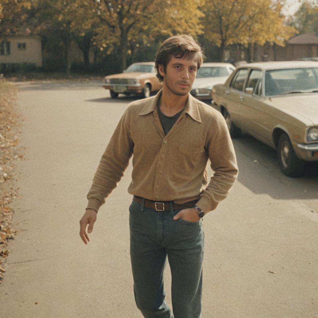 Vintage man on suburban street with classic cars