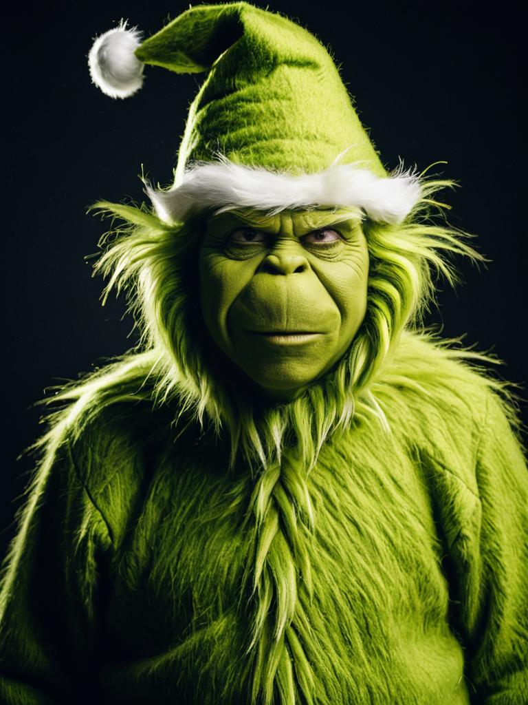 Man in Detailed Grinch Costume Wearing Green Fur and Santa Hat for Cosplay