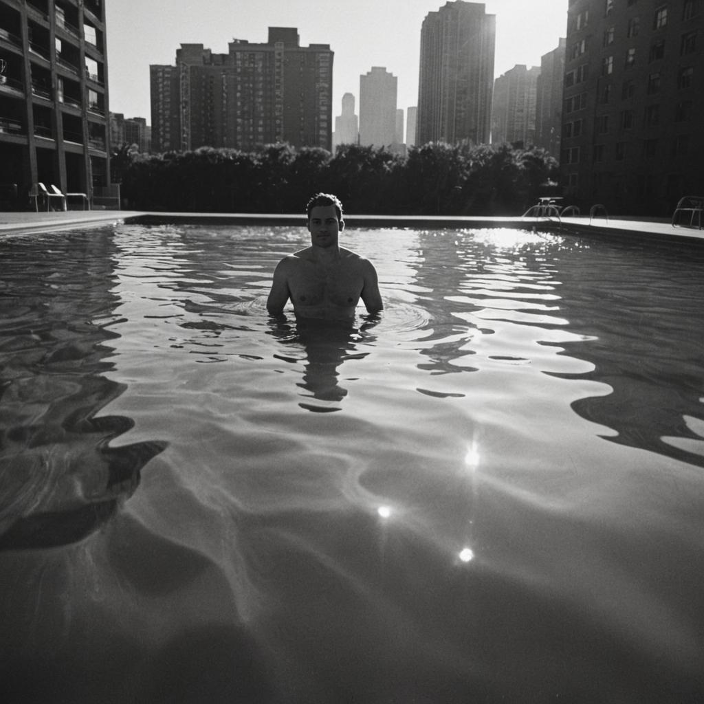 Man in Pool with Urban Background - Black and White