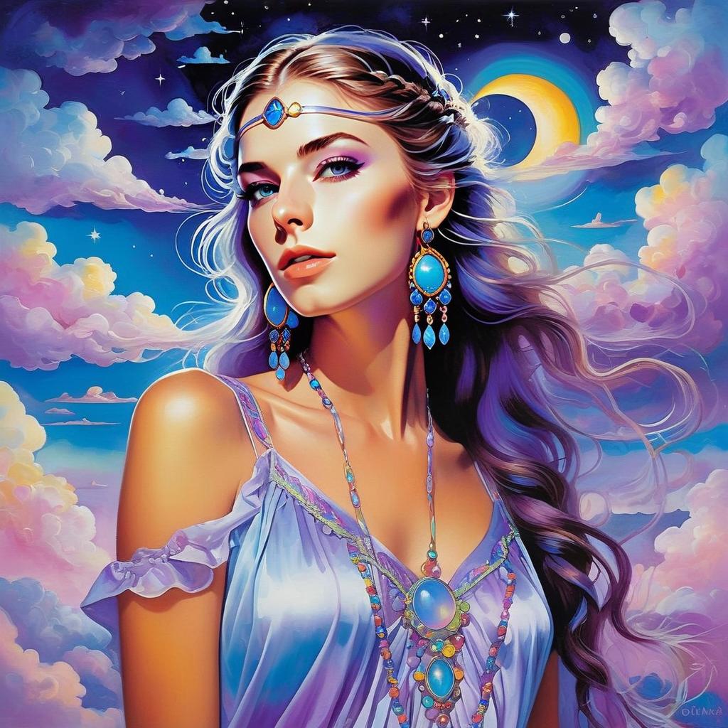 Elegant Woman with Blue Gemstone Jewelry in Dreamy Sky Elegant Woman with Blue Gemstone Jewelry in Dreamy Sky