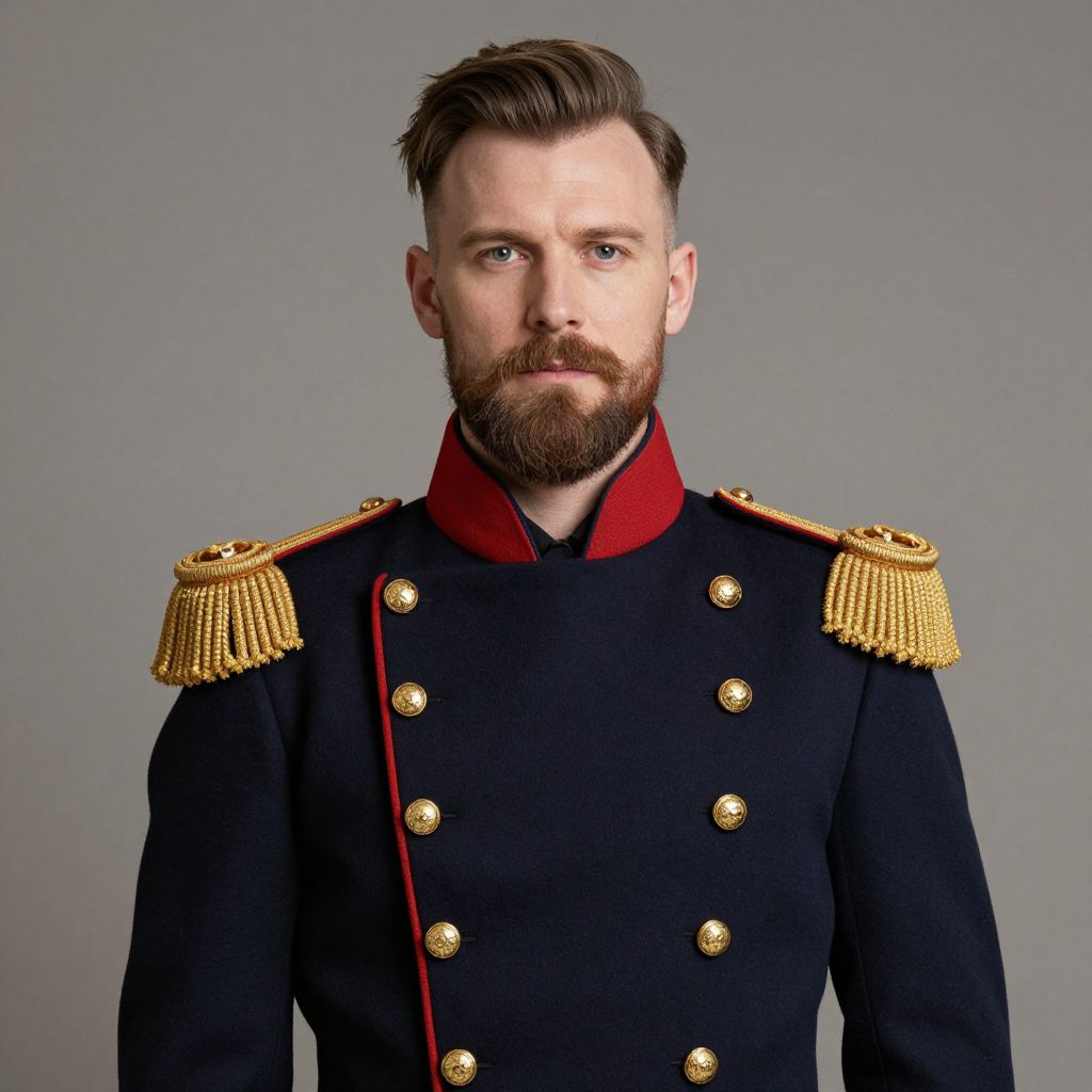 Man Wearing Classic Navy Blue Military Jacket with Gold Epaulettes