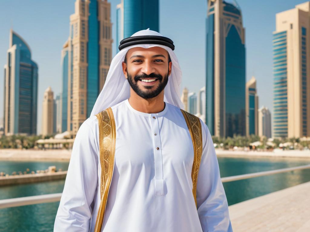 Cheerful Arab Man in Traditional Emirati Attire with Dubai Skyline