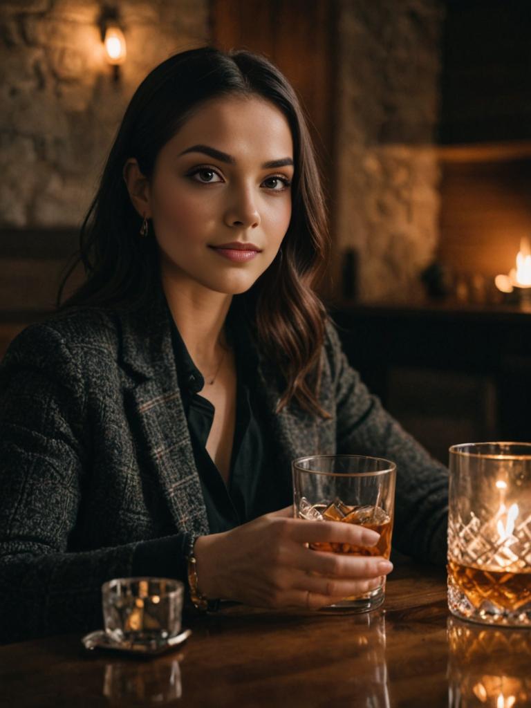 Elegant Woman Enjoying Whiskey in Cozy Setting