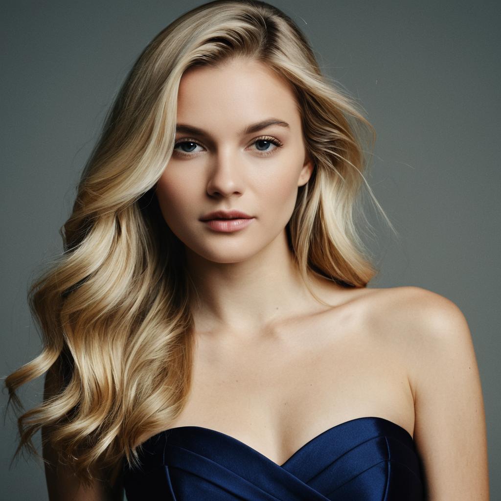 Elegant Blonde Woman in Navy Blue Strapless Dress Glamour Portrait