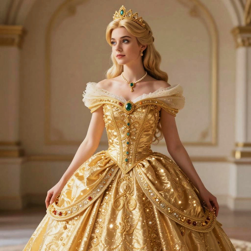 Elegant Woman in Golden Princess Ball Gown with Crown