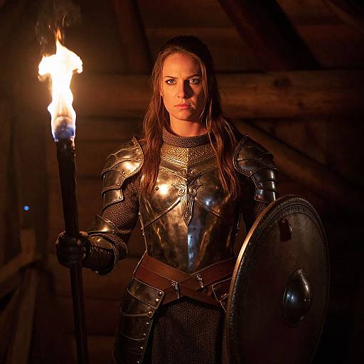 Medieval Woman Warrior in Armor Holding Torch and Shield