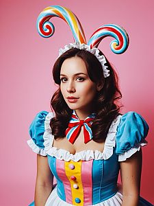 Woman in Candyland Costume with Colorful Lollipop Bunny Ears Studio Portrait
