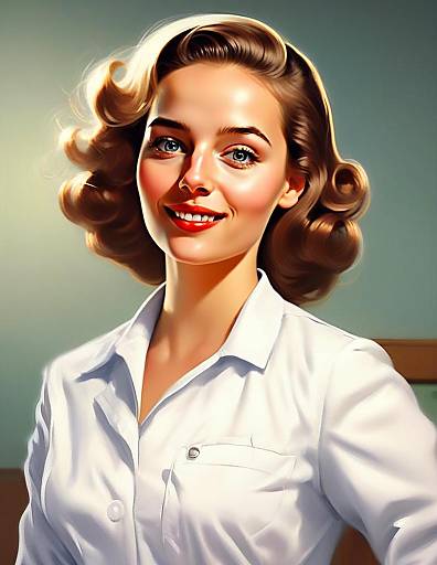 Vintage Style Portrait of Smiling Woman in White Shirt Digital Illustration