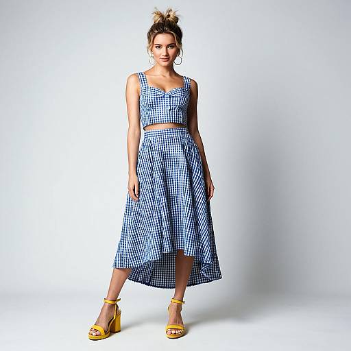 Woman in Contemporary Blue and White Gingham Summer Midi Dress with Yellow Heels
