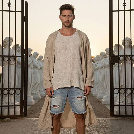 Man Wearing Linen Outfit and Ripped Shorts by Angel Statues at Sunset