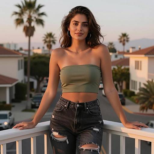 Stylish Young Woman in Green Tube Top and Ripped Jeans on Balcony