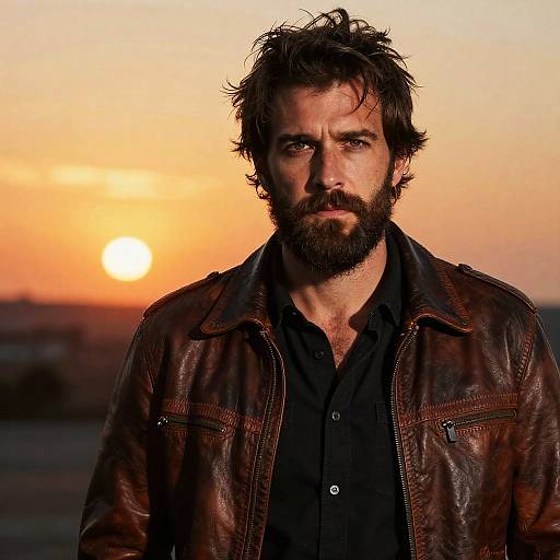 Bearded Man Wearing Brown Leather Jacket at Sunset