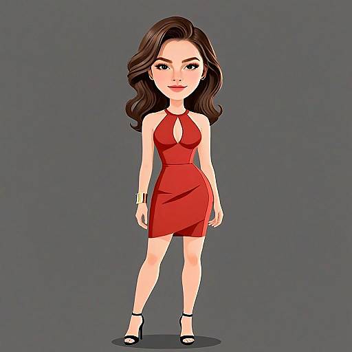 Chic Woman with Pretty Face and Hair in Sleeveless Red Dress Illustration