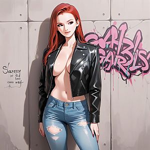 Edgy Red-Haired Woman in Leather Jacket and Ripped Jeans Digital Art