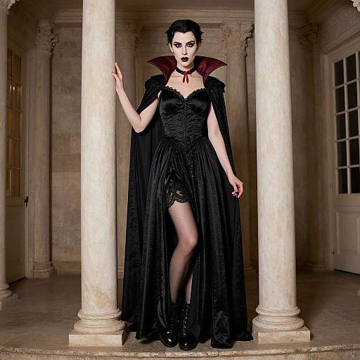 Gothic Vampire Woman in Corset Dress and Cape Among Marble Columns