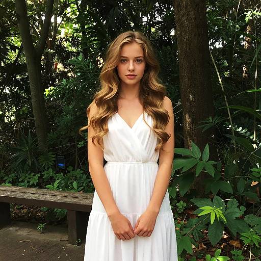 Young Woman in White Dress Standing in Lush Green Garden