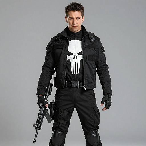 Man in Tactical Gear with White Skull Emblem Holding Assault Rifle