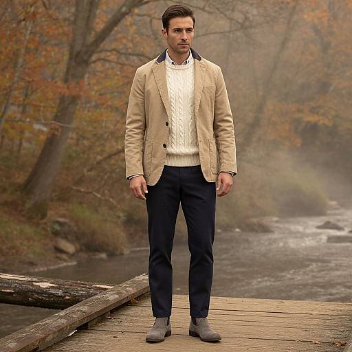 Man in Beige Blazer and Cable-Knit Sweater on Wooden Bridge in Autumn
