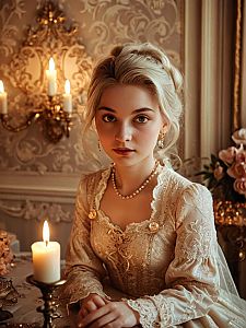 Portrait of Young Woman in Vintage Lace Gown with Candlelight in Ornate Room