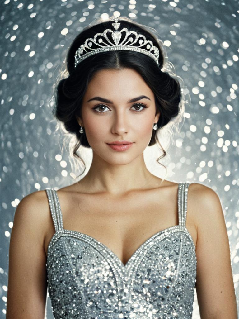 Elegant Woman in Silver Gown and Tiara with Sparkling Background