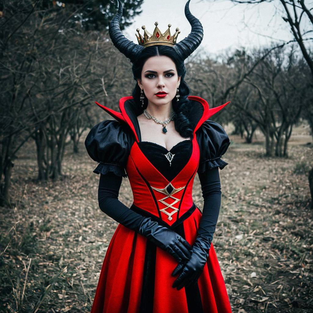 Dramatic Cosplay: Woman in Red and Black Gown with Horns