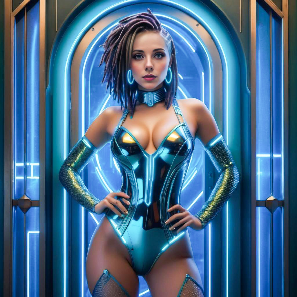 Futuristic Woman in Shiny Blue Outfit