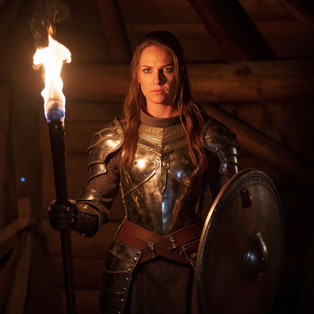 Medieval Woman Warrior in Armor Holding Torch and Shield
