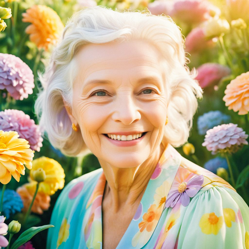 Joyful Elderly Woman in Colorful Flower Field