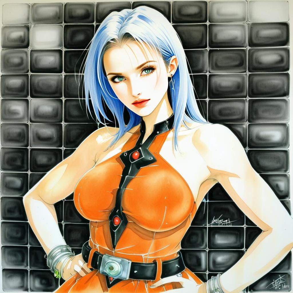 Confident Woman with Blue Hair in Futuristic Outfit