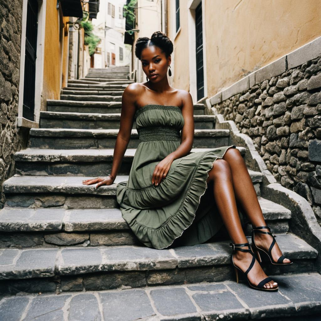 Elegant Woman in Olive Dress Sitting on Stone Steps in Urban Setting