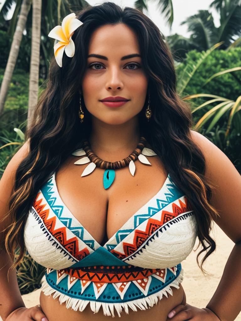 Woman in Revealing Moana-Inspired Costume with Tribal Patterns