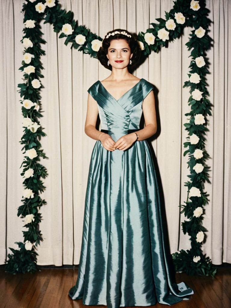 Elegant Woman in Vintage Teal Evening Gown with Floral Garland Background