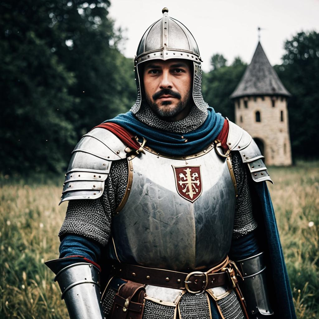 Medieval Knight in Full Armor Standing by Historic Tower