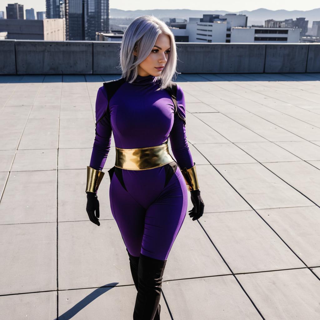 Futuristic Woman in Purple Bodysuit on Rooftop Urban Background