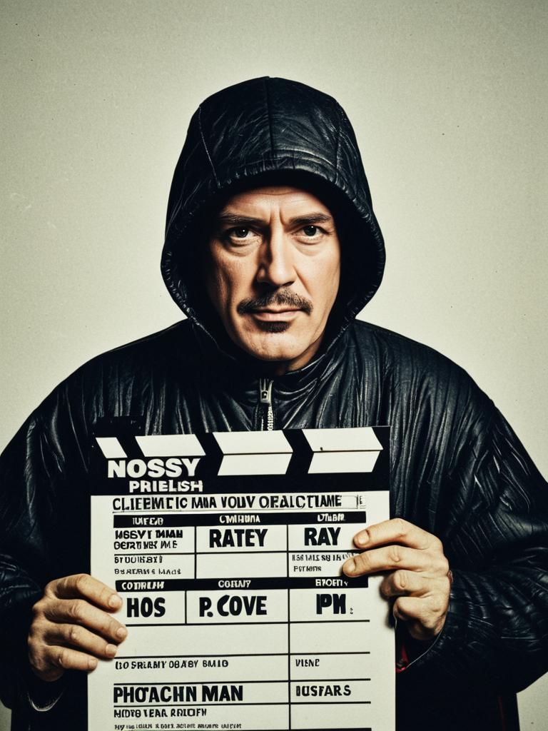 Man in Movie Poster Costume Holding Clapperboard Cinematic Editorial Shot