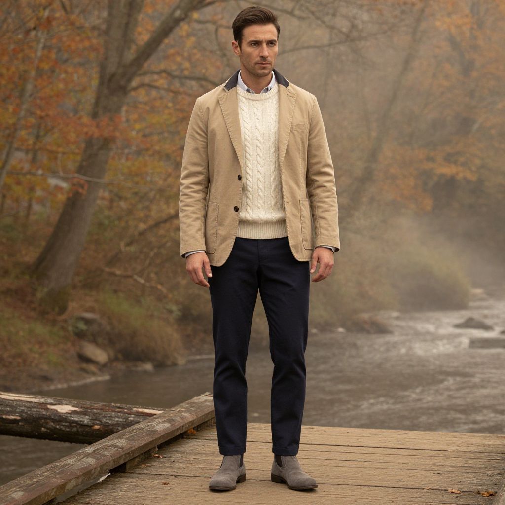 Man in Beige Blazer and Cable-Knit Sweater on Wooden Bridge in Autumn