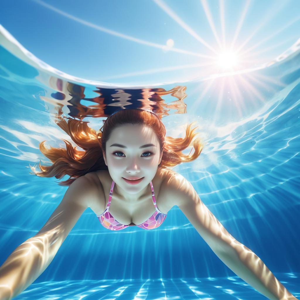 Young Woman Swimming Underwater in Summer