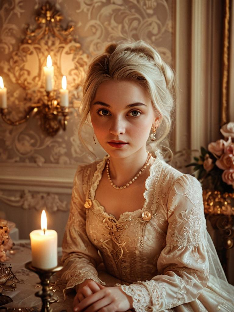 Portrait of Young Woman in Vintage Lace Gown with Candlelight in Ornate Room