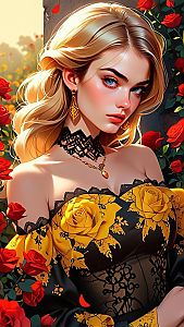 Blonde Woman in Off-Shoulder Dress with Roses