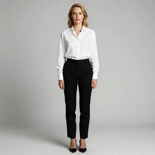 Professional Woman in Classic Business Casual Attire Against Gray Background