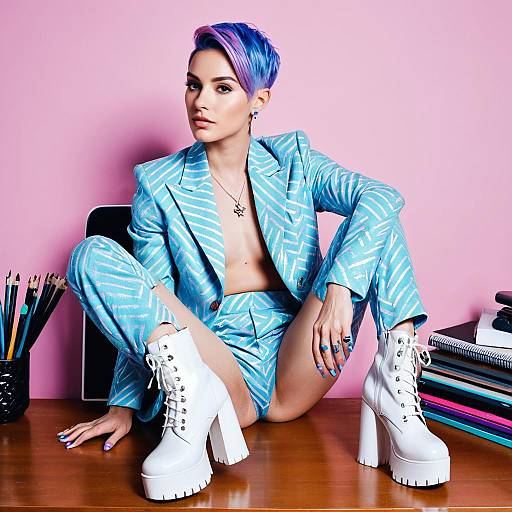 Trendy Woman in Blue Patterned Suit and White Platform Boots on Pink Background