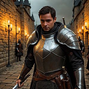 Young Man in Medieval Armor in Stone Courtyard